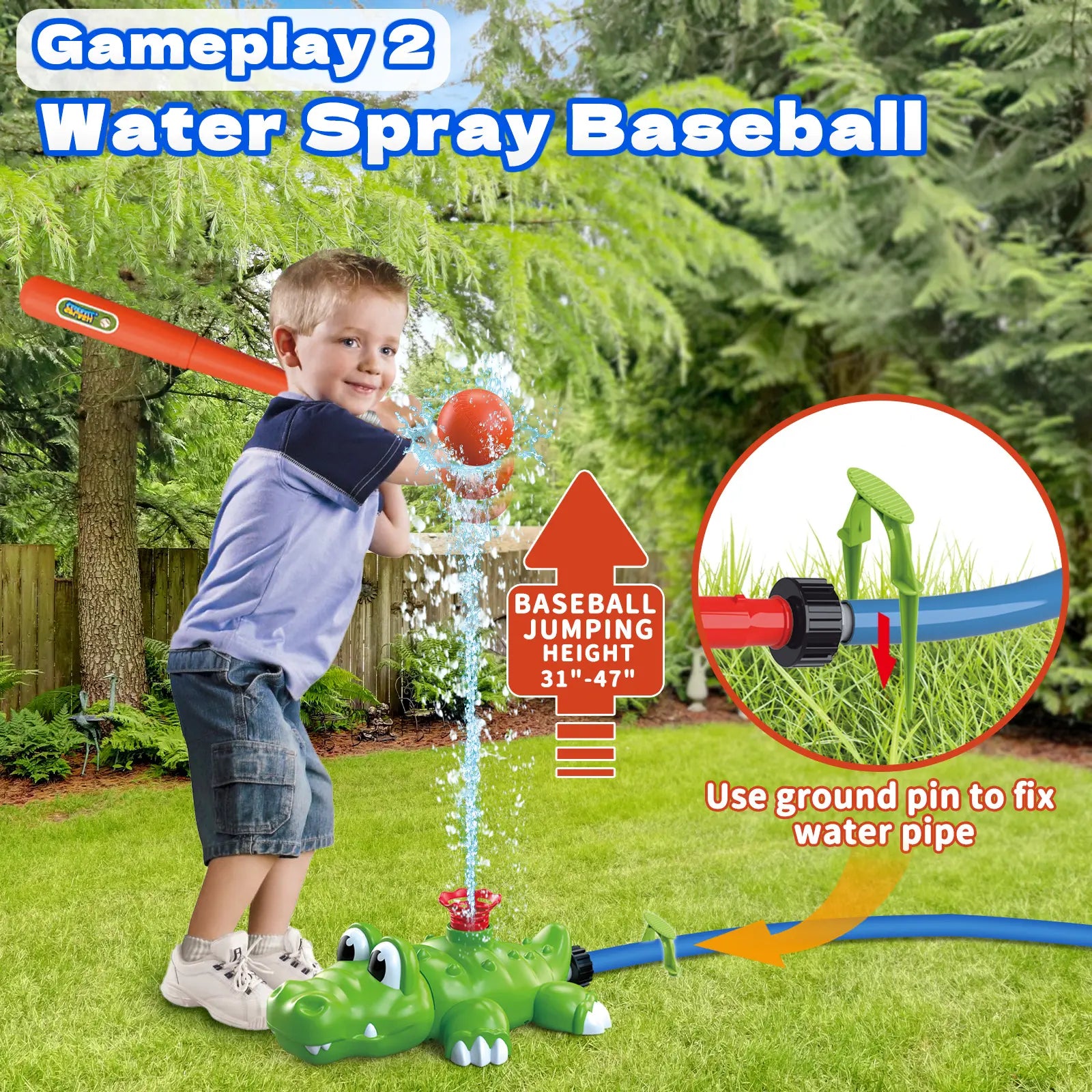 4-In-1 Crocodile Kids Outdoor Play Set - Outdoor Water Soaker, Water Sprinkler, T-Ball, Backyard Summer Activity Toy for Toddlers Ages 3-8