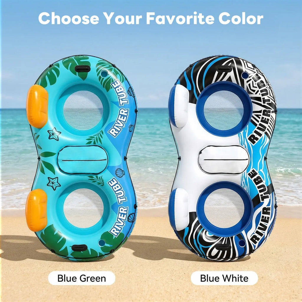 Heavy Duty 2 Person Inflatable River/Pool Tube Float with Removable Cooler, Tubes for Lake, Floating River Raft Lounge Floatie with 2 Cup Holders for Adults