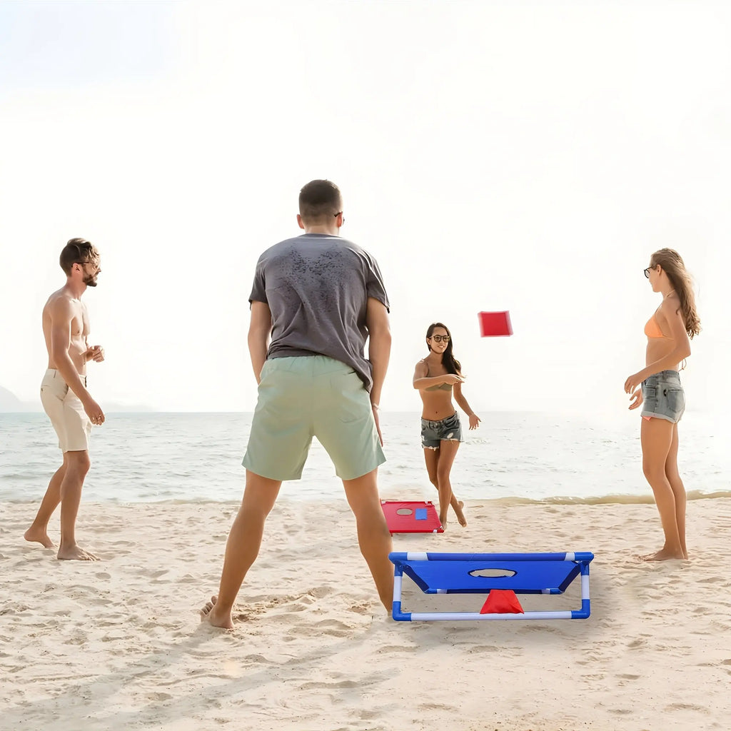 Portable Single-Board Sandbag Tossing Lawn Game Set - Foldable, Durable PP (Polypropylene) Beanbags & Footbags for Outdoor Parties, Camping (14 Years Old+), Includes 6 Red/Blue Sandbags