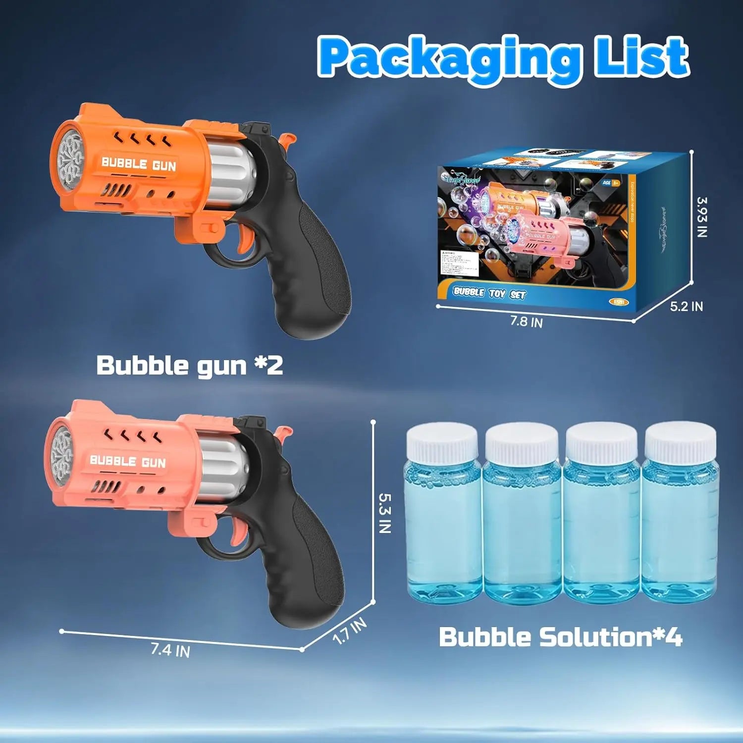 Eaglestone 2 Pack Revolver Bubble Guns, LED Light up Bubble Blasters, 8000+ Bubbles per Minute, 4 Bubble Solution Bottles, Indoor Outdoor Summer Toys