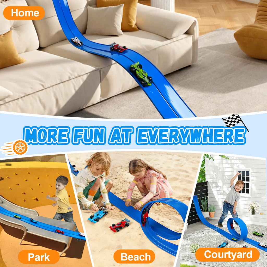 UDROLL TOYS Flexible Racing Track Set – 15Ft Roll-Up Track with 4 Mini Speed Cars & Suction Mounts | Portable Indoor Ramp Racing Toy for Kids