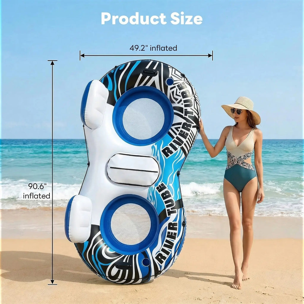 Heavy Duty 2 Person Inflatable River/Pool Tube Float with Removable Cooler, Tubes for Lake, Floating River Raft Lounge Floatie with 2 Cup Holders for Adults