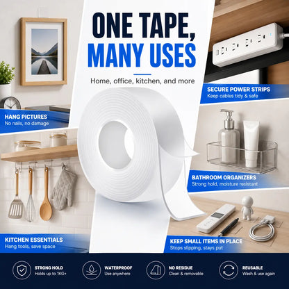 Nano Tape Double Sided Adhesive Roll, Heavy Duty Strong Hold Residue Free Clear Mounting Tape, Waterproof Reusable Multi Surface Tape for Glass Tile Metal Wood Wall, Indoor Outdoor Use Cut to Any Size for Home Office DIY Photo Wall