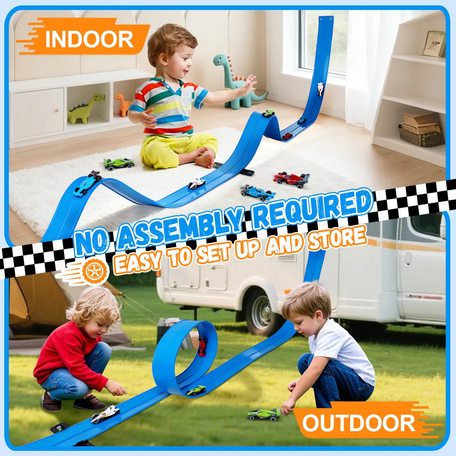 UDROLL TOYS Flexible Racing Track Set – 15Ft Roll-Up Track with 4 Mini Speed Cars & Suction Mounts | Portable Indoor Ramp Racing Toy for Kids
