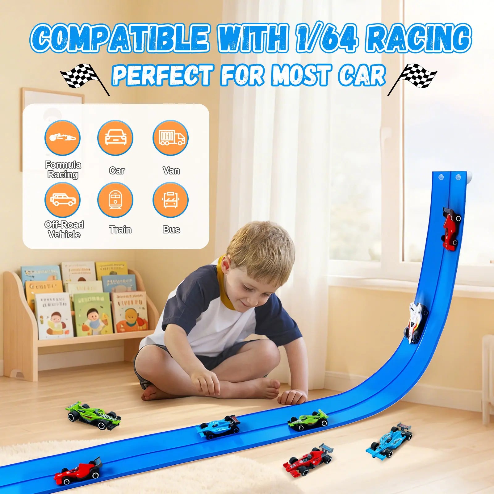 UDROLL TOYS Flexible Racing Track Set – 15Ft Roll-Up Track with 4 Mini Speed Cars & Suction Mounts | Portable Indoor Ramp Racing Toy for Kids
