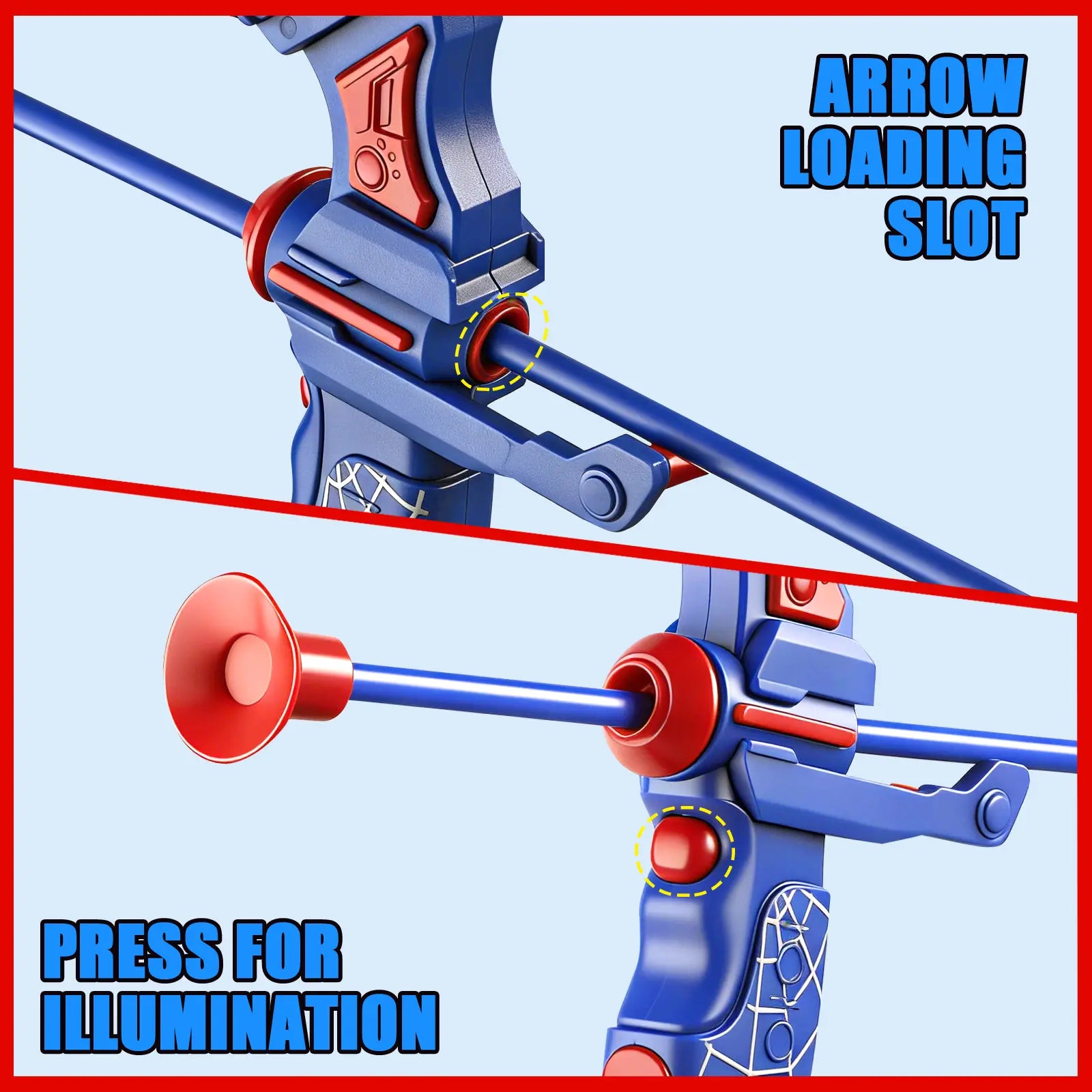 Spider Style Kids Bow and Arrow Set, LED Light up Archery Toy with Suction Cup Arrows, Target, Quiver and Foam Cans, Indoor Outdoor Gift Playtime Bold Design