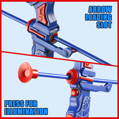 Spider Style Kids Bow and Arrow Set, LED Light up Archery Toy with Suction Cup Arrows, Target, Quiver and Foam Cans, Indoor Outdoor Gift Playtime Bold Design