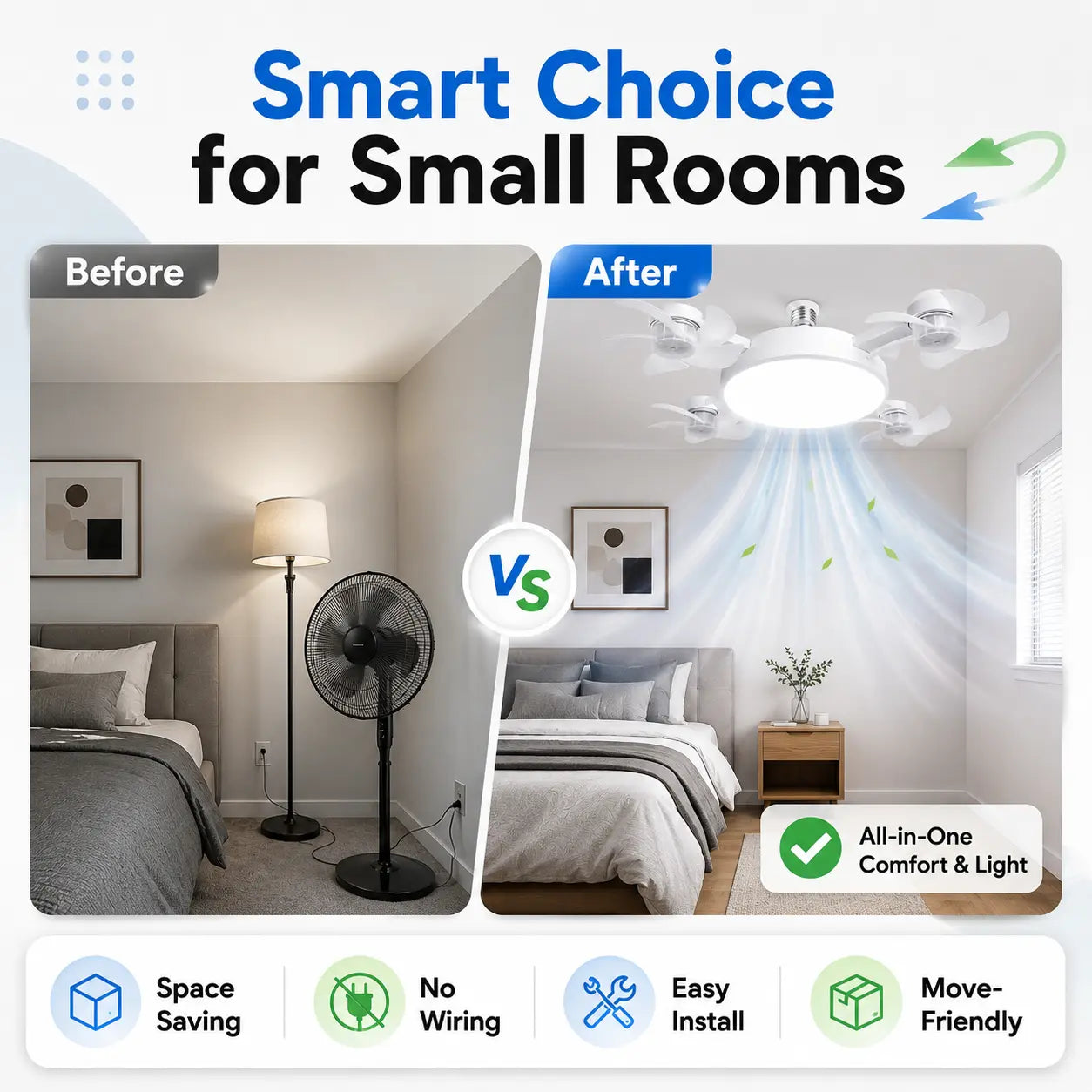 E27 Socket Ceiling Fan Light, 2-In-1 LED Fan with Remote Control, Quiet Cooling Light for Bedroom, Kitchen, Living Room & Home