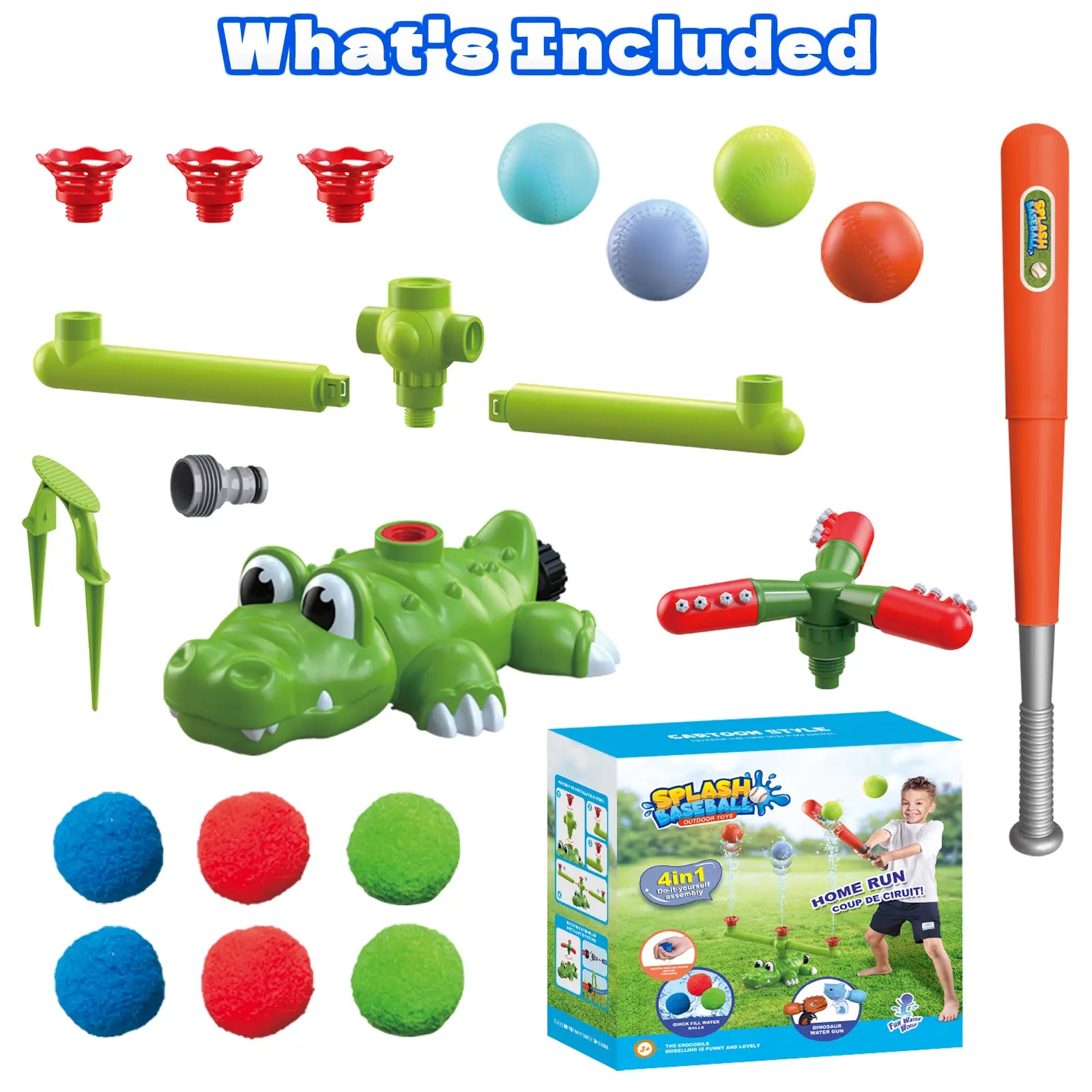 4-In-1 Crocodile Kids Outdoor Play Set - Outdoor Water Soaker, Water Sprinkler, T-Ball, Backyard Summer Activity Toy for Toddlers Ages 3-8