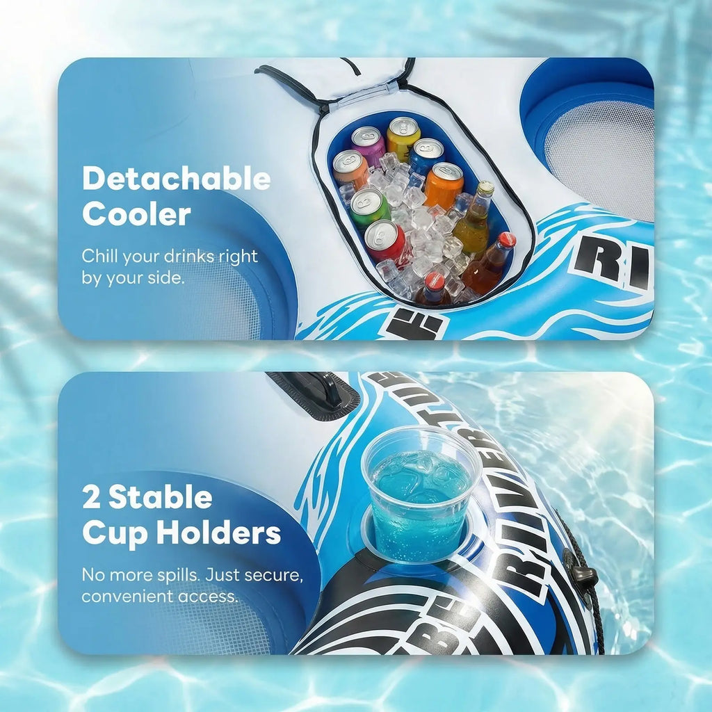 Heavy Duty 2 Person Inflatable River/Pool Tube Float with Removable Cooler, Tubes for Lake, Floating River Raft Lounge Floatie with 2 Cup Holders for Adults