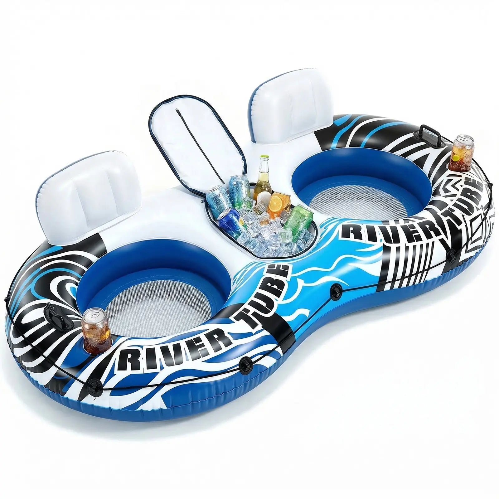 Heavy Duty 2 Person Inflatable River/Pool Tube Float with Removable Cooler, Tubes for Lake, Floating River Raft Lounge Floatie with 2 Cup Holders for Adults