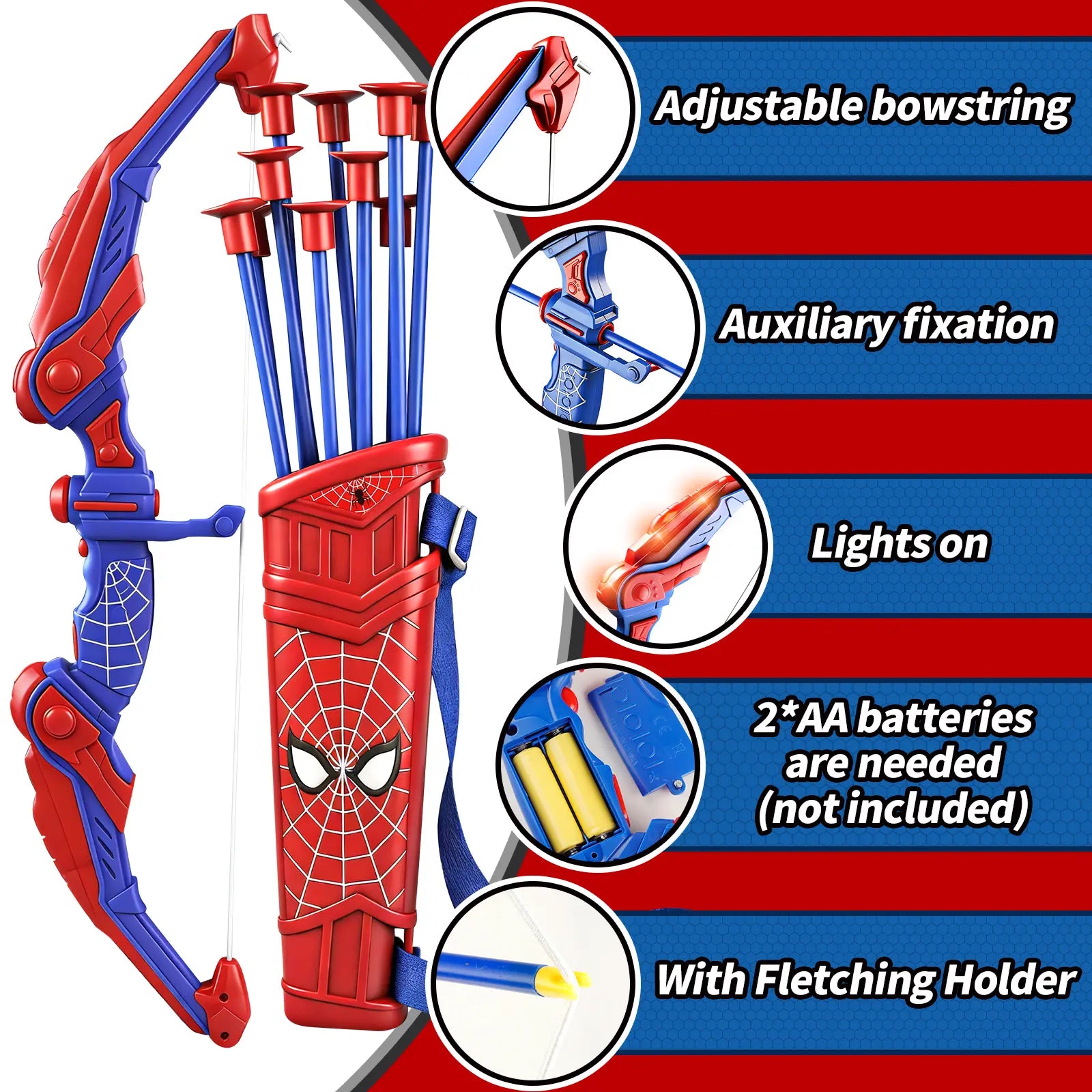 Spider Style Kids Bow and Arrow Set, LED Light up Archery Toy with Suction Cup Arrows, Target, Quiver and Foam Cans, Indoor Outdoor Gift Playtime Bold Design