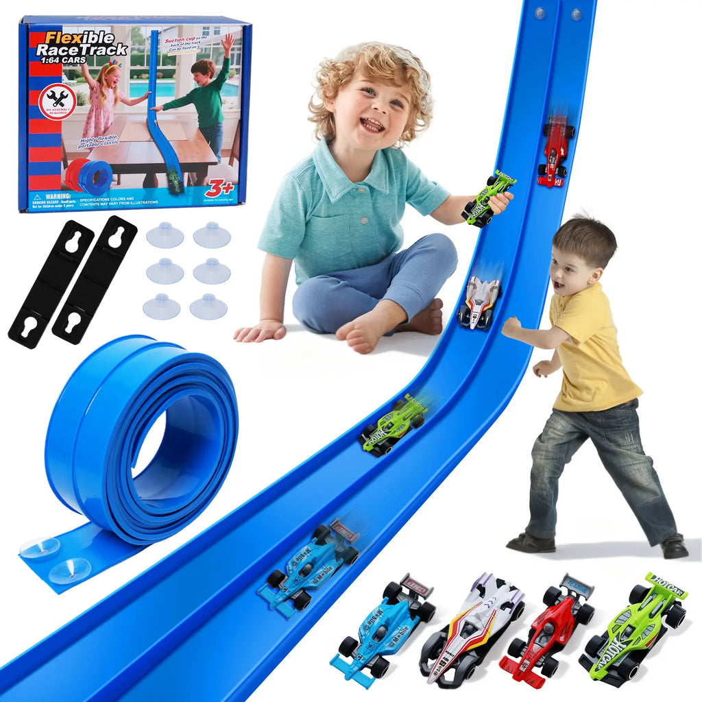 UDROLL TOYS Flexible Racing Track Set – 15Ft Roll-Up Track with 4 Mini Speed Cars & Suction Mounts | Portable Indoor Ramp Racing Toy for Kids