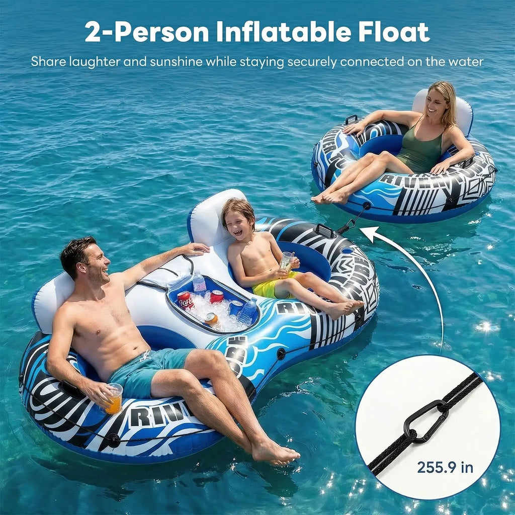 Heavy Duty 2 Person Inflatable River/Pool Tube Float with Removable Cooler, Tubes for Lake, Floating River Raft Lounge Floatie with 2 Cup Holders for Adults
