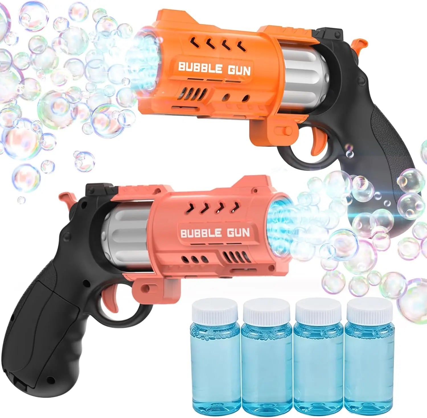 Eaglestone 2 Pack Revolver Bubble Guns, LED Light up Bubble Blasters, 8000+ Bubbles per Minute, 4 Bubble Solution Bottles, Indoor Outdoor Summer Toys
