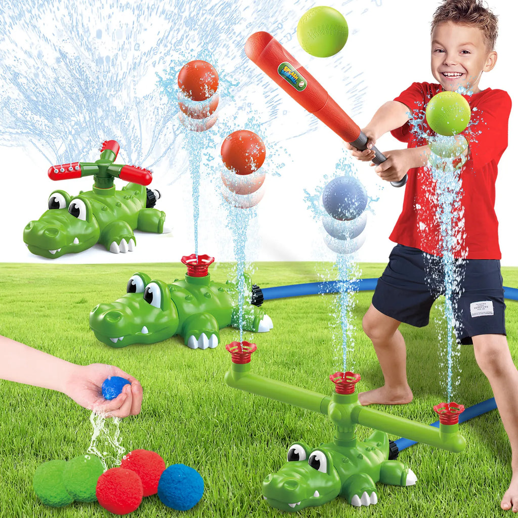 4-In-1 Crocodile Kids Outdoor Play Set - Outdoor Water Soaker, Water Sprinkler, T-Ball, Backyard Summer Activity Toy for Toddlers Ages 3-8