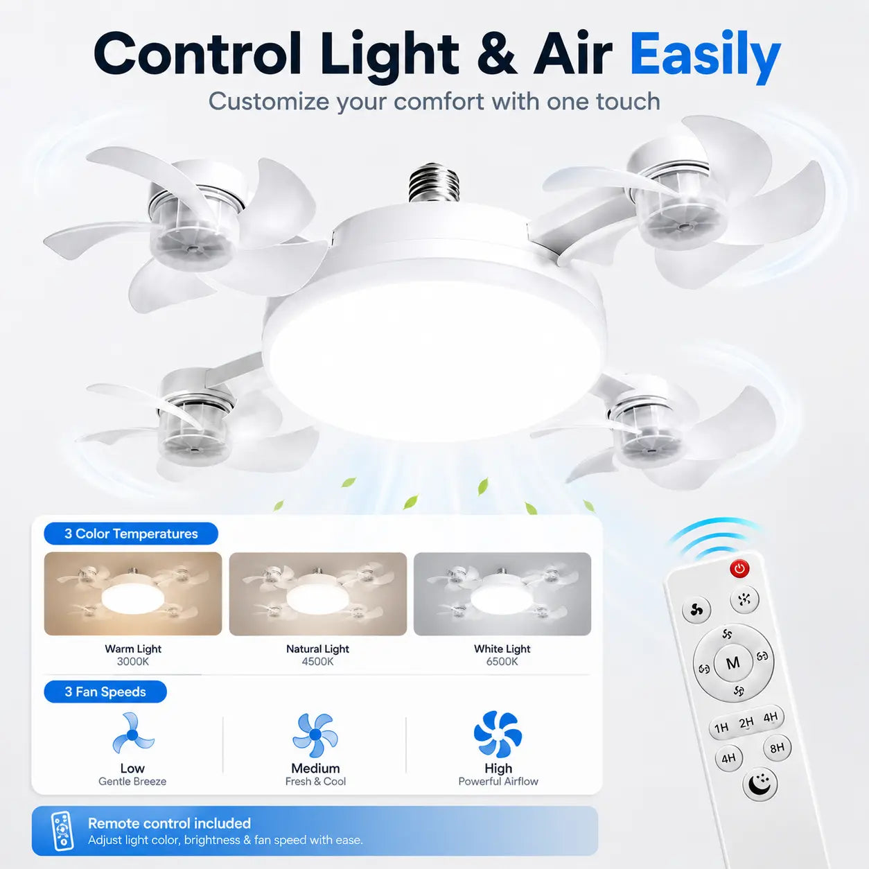 E27 Socket Ceiling Fan Light, 2-In-1 LED Fan with Remote Control, Quiet Cooling Light for Bedroom, Kitchen, Living Room & Home