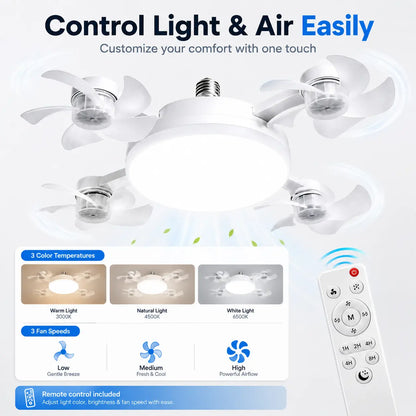 E27 Socket Ceiling Fan Light, 2-In-1 LED Fan with Remote Control, Quiet Cooling Light for Bedroom, Kitchen, Living Room & Home