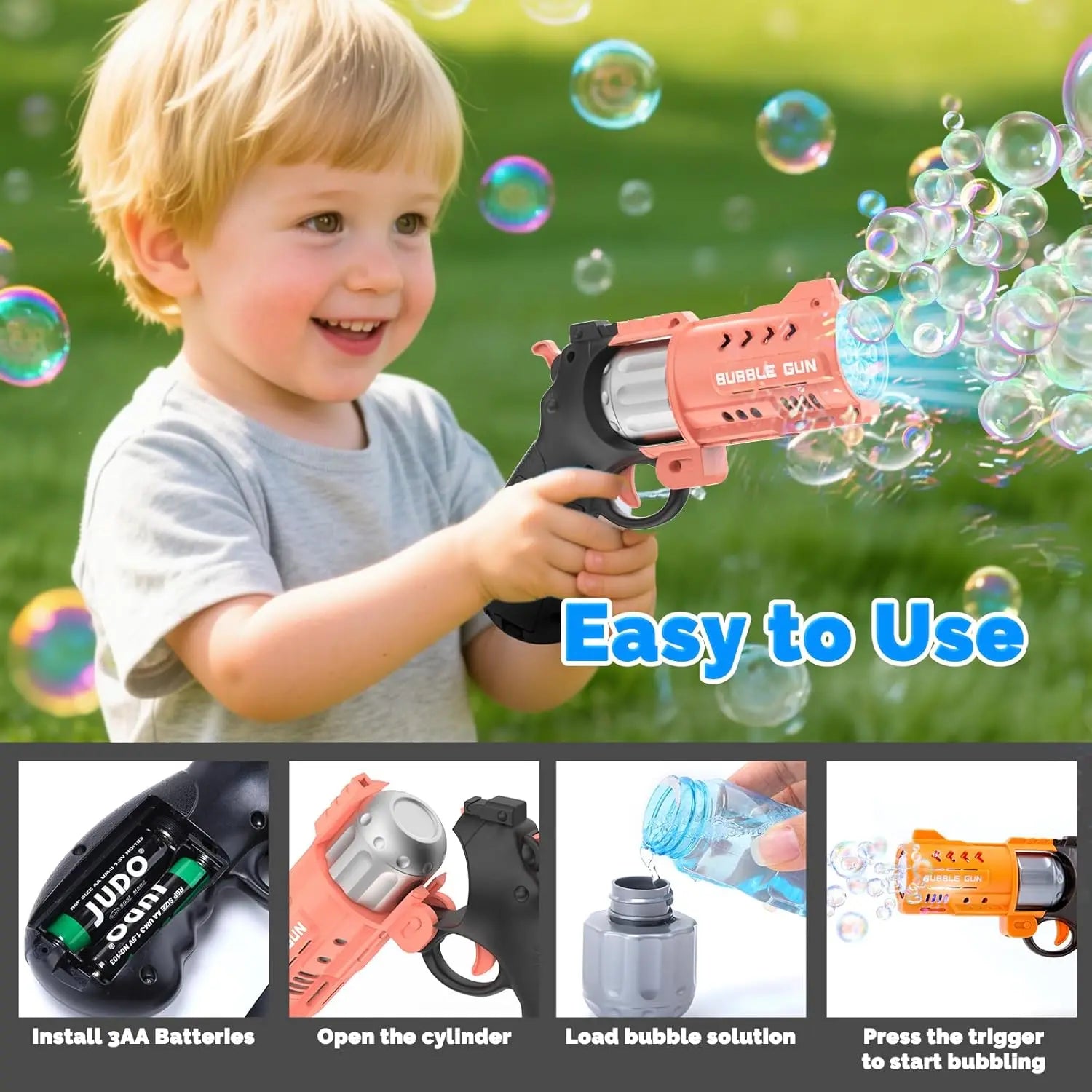 Eaglestone 2 Pack Revolver Bubble Guns, LED Light up Bubble Blasters, 8000+ Bubbles per Minute, 4 Bubble Solution Bottles, Indoor Outdoor Summer Toys