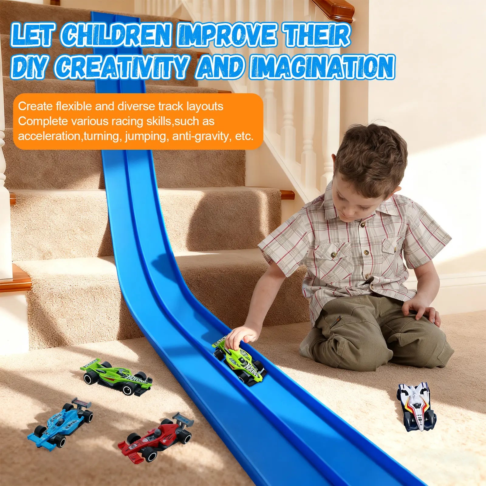 UDROLL TOYS Flexible Racing Track Set – 15Ft Roll-Up Track with 4 Mini Speed Cars & Suction Mounts | Portable Indoor Ramp Racing Toy for Kids