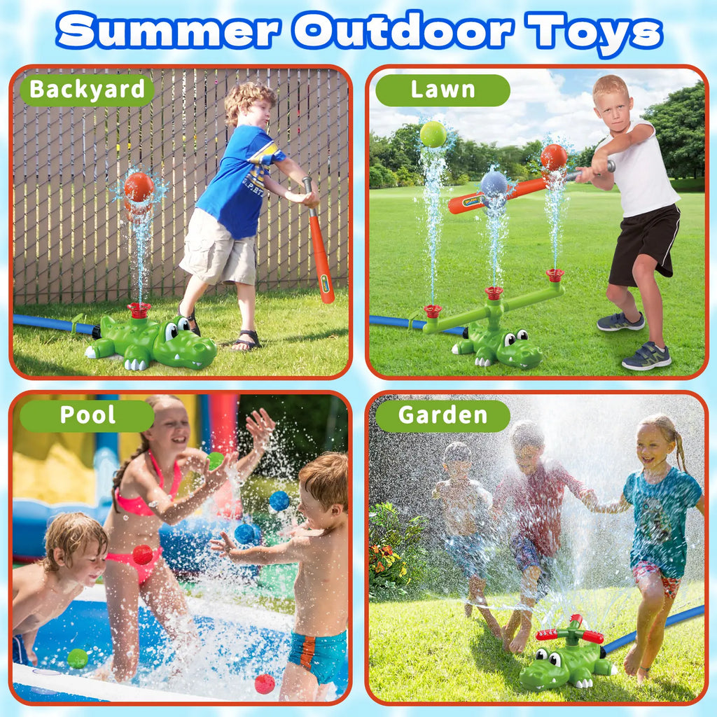 4-In-1 Crocodile Kids Outdoor Play Set - Outdoor Water Soaker, Water Sprinkler, T-Ball, Backyard Summer Activity Toy for Toddlers Ages 3-8