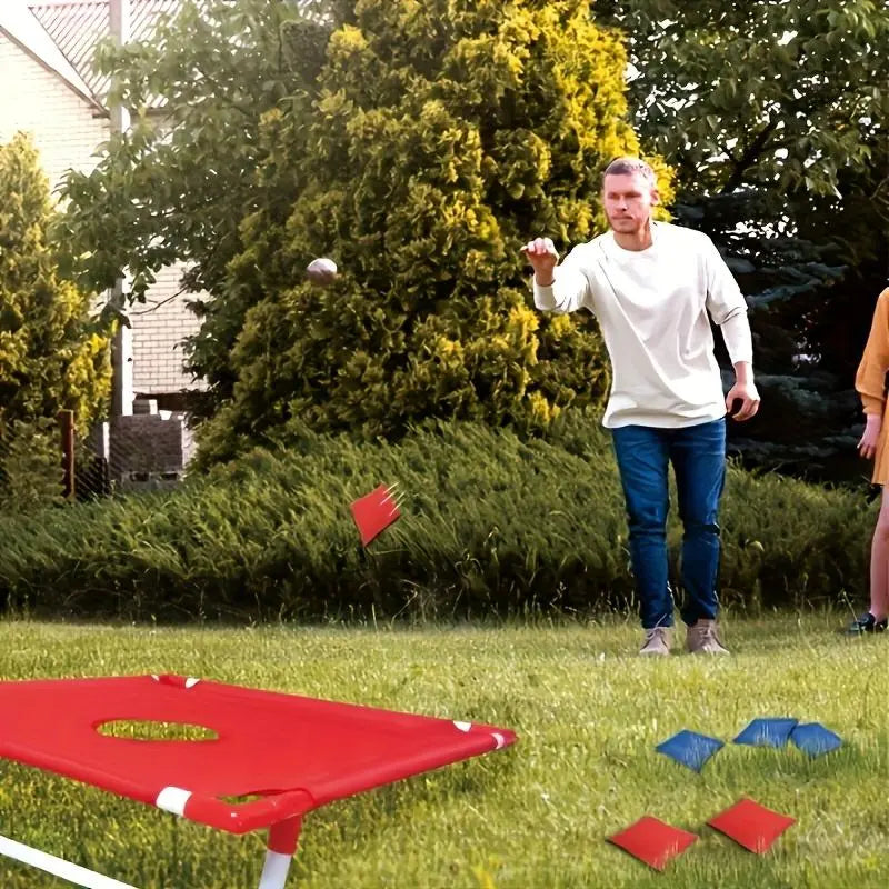 Portable Single-Board Sandbag Tossing Lawn Game Set - Foldable, Durable PP (Polypropylene) Beanbags & Footbags for Outdoor Parties, Camping (14 Years Old+), Includes 6 Red/Blue Sandbags