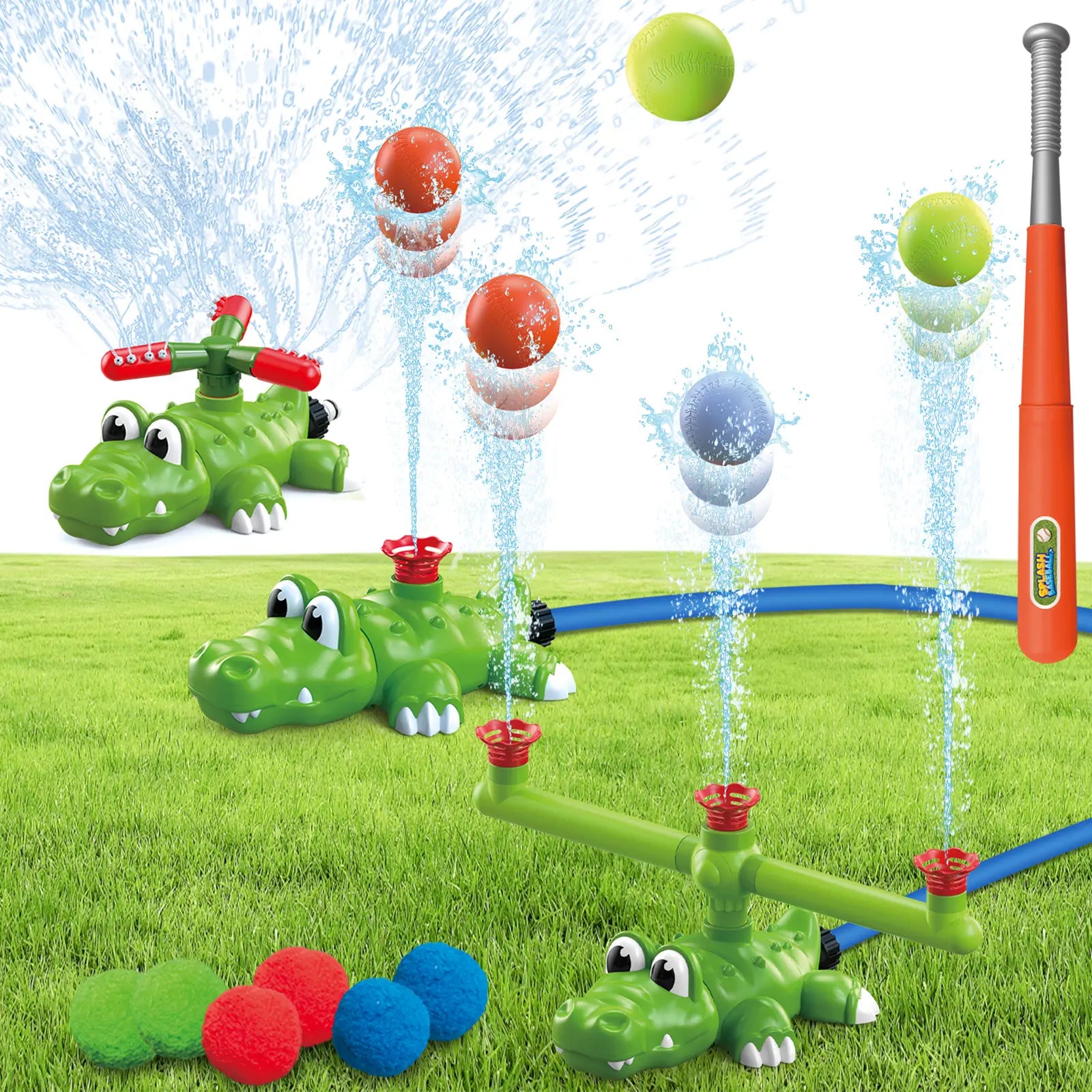 4-In-1 Crocodile Kids Outdoor Play Set - Outdoor Water Soaker, Water Sprinkler, T-Ball, Backyard Summer Activity Toy for Toddlers Ages 3-8