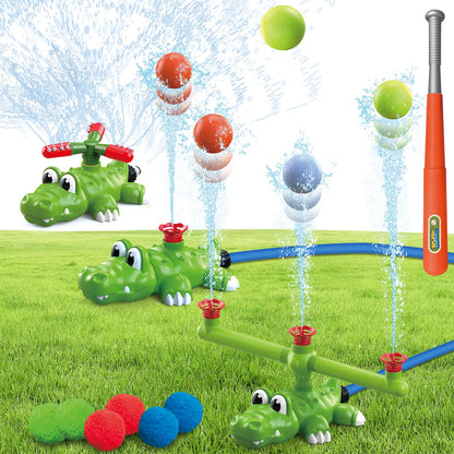 4-In-1 Crocodile Kids Outdoor Play Set - Outdoor Water Soaker, Water Sprinkler, T-Ball, Backyard Summer Activity Toy for Toddlers Ages 3-8