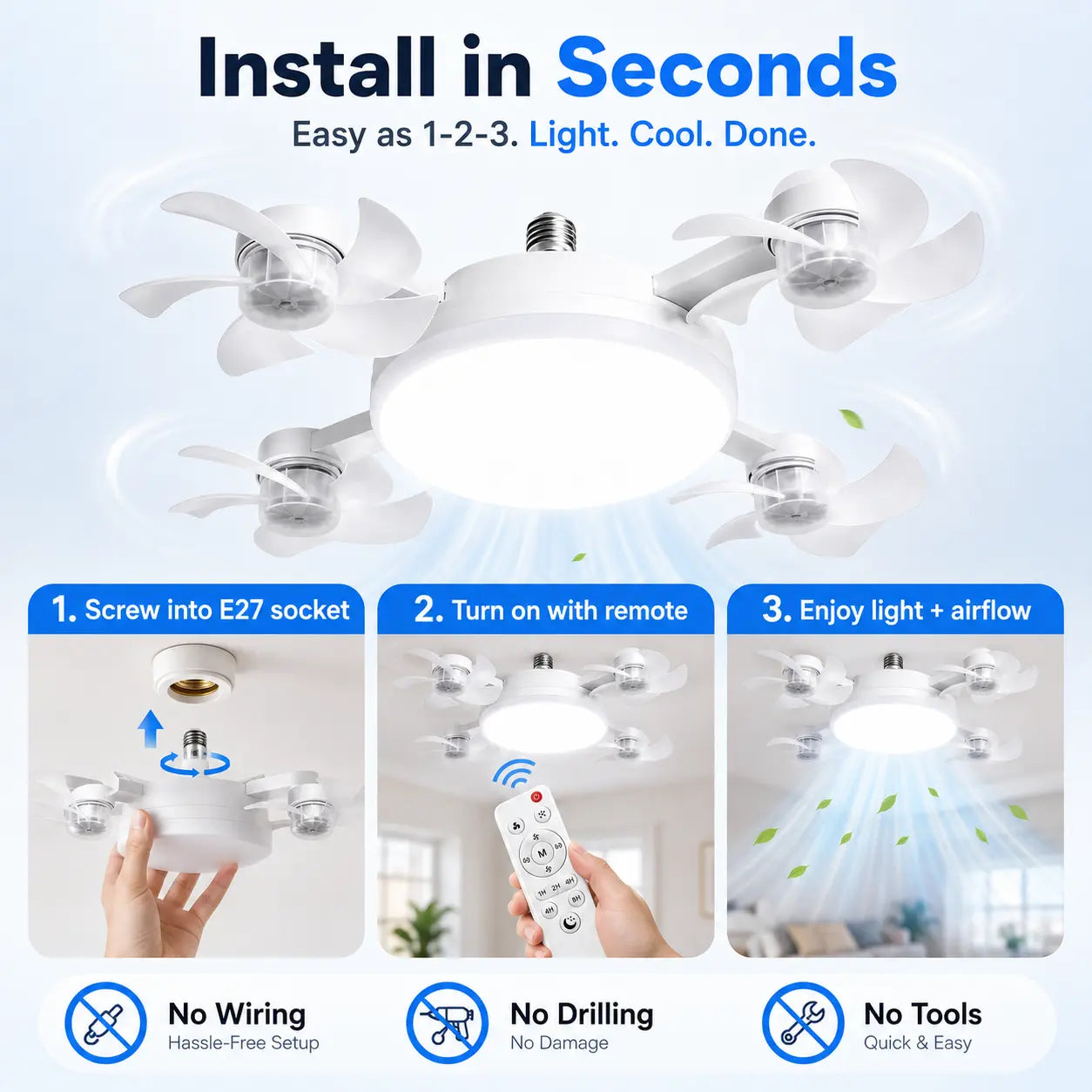 E27 Socket Ceiling Fan Light, 2-In-1 LED Fan with Remote Control, Quiet Cooling Light for Bedroom, Kitchen, Living Room & Home