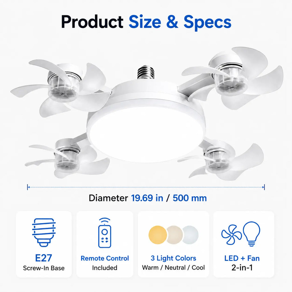 E27 Socket Ceiling Fan Light, 2-In-1 LED Fan with Remote Control, Quiet Cooling Light for Bedroom, Kitchen, Living Room & Home