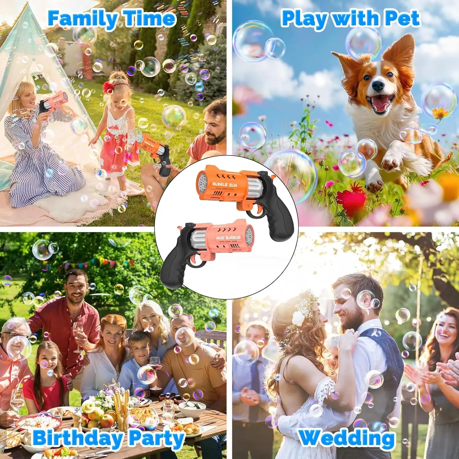 Eaglestone 2 Pack Revolver Bubble Guns, LED Light up Bubble Blasters, 8000+ Bubbles per Minute, 4 Bubble Solution Bottles, Indoor Outdoor Summer Toys