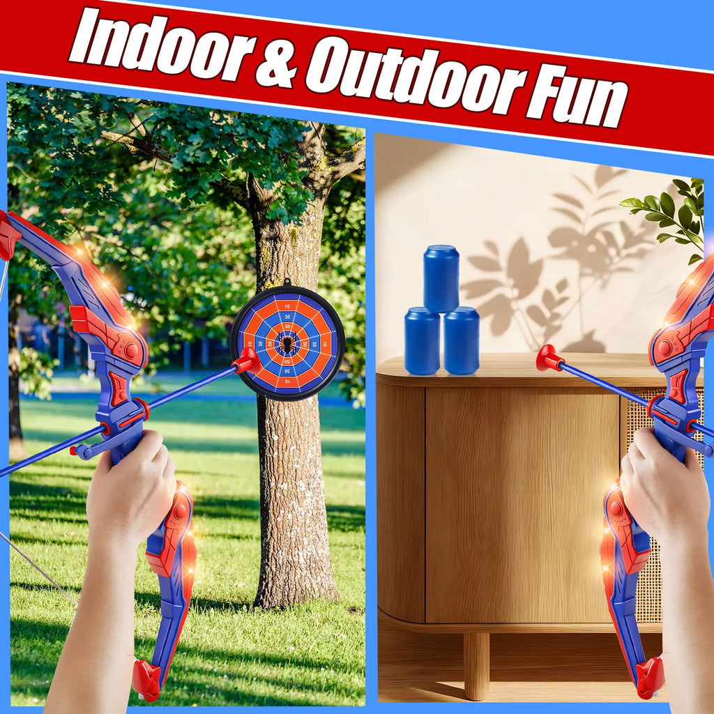 Spider Style Kids Bow and Arrow Set, LED Light up Archery Toy with Suction Cup Arrows, Target, Quiver and Foam Cans, Indoor Outdoor Gift Playtime Bold Design