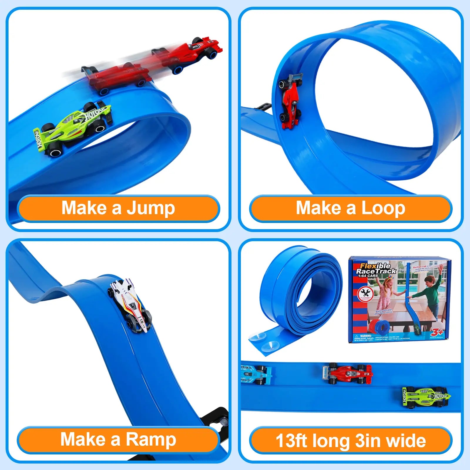 UDROLL TOYS Flexible Racing Track Set – 15Ft Roll-Up Track with 4 Mini Speed Cars & Suction Mounts | Portable Indoor Ramp Racing Toy for Kids