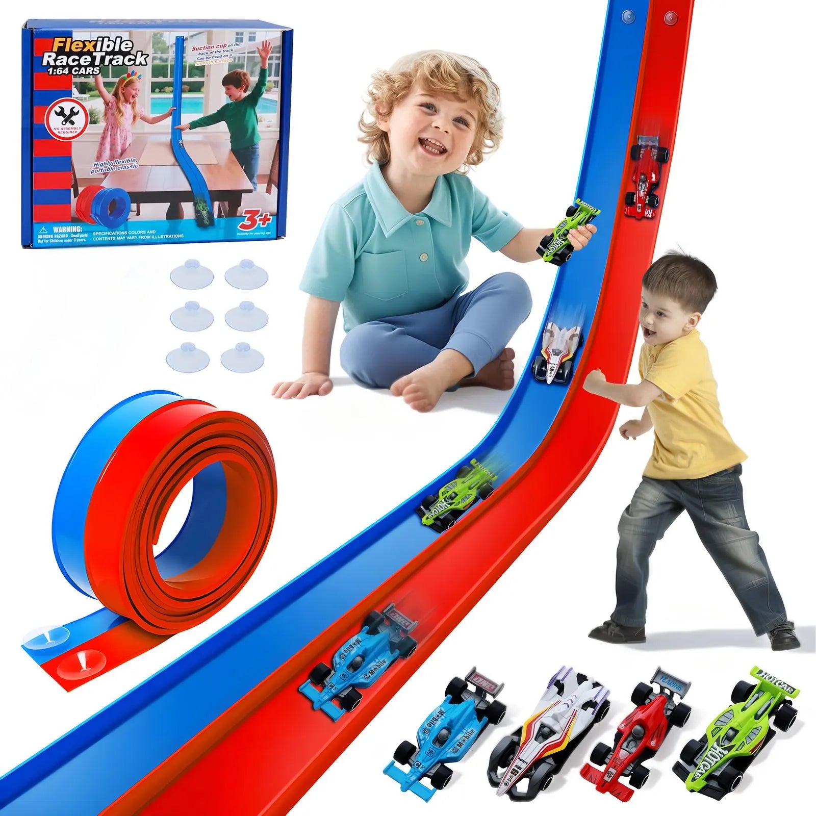 UDROLL TOYS Flexible Racing Track Set – 15Ft Roll-Up Track with 4 Mini Speed Cars & Suction Mounts | Portable Indoor Ramp Racing Toy for Kids