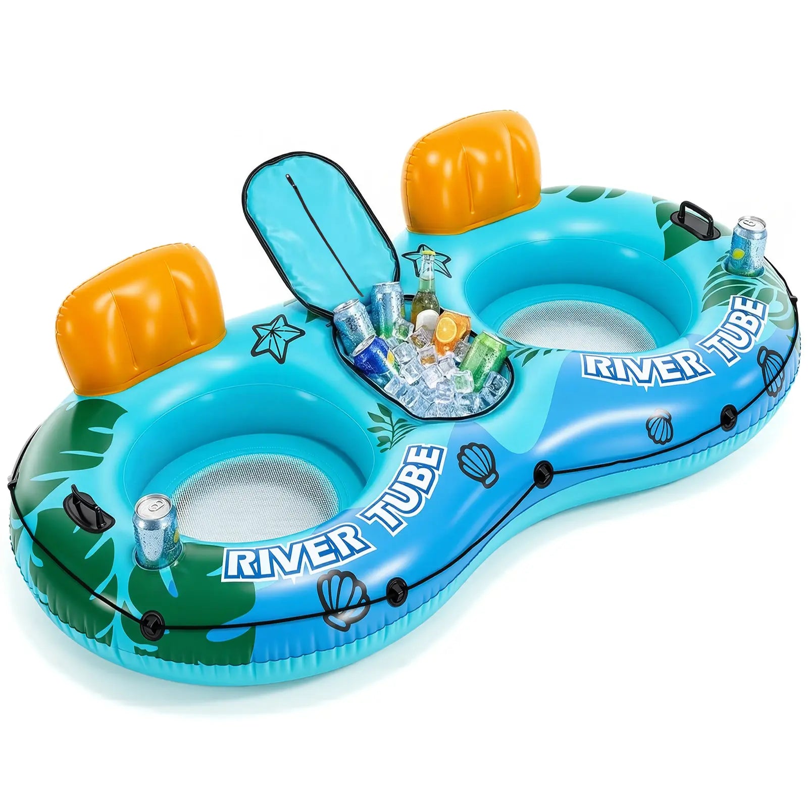 Heavy Duty 2 Person Inflatable River/Pool Tube Float with Removable Cooler, Tubes for Lake, Floating River Raft Lounge Floatie with 2 Cup Holders for Adults