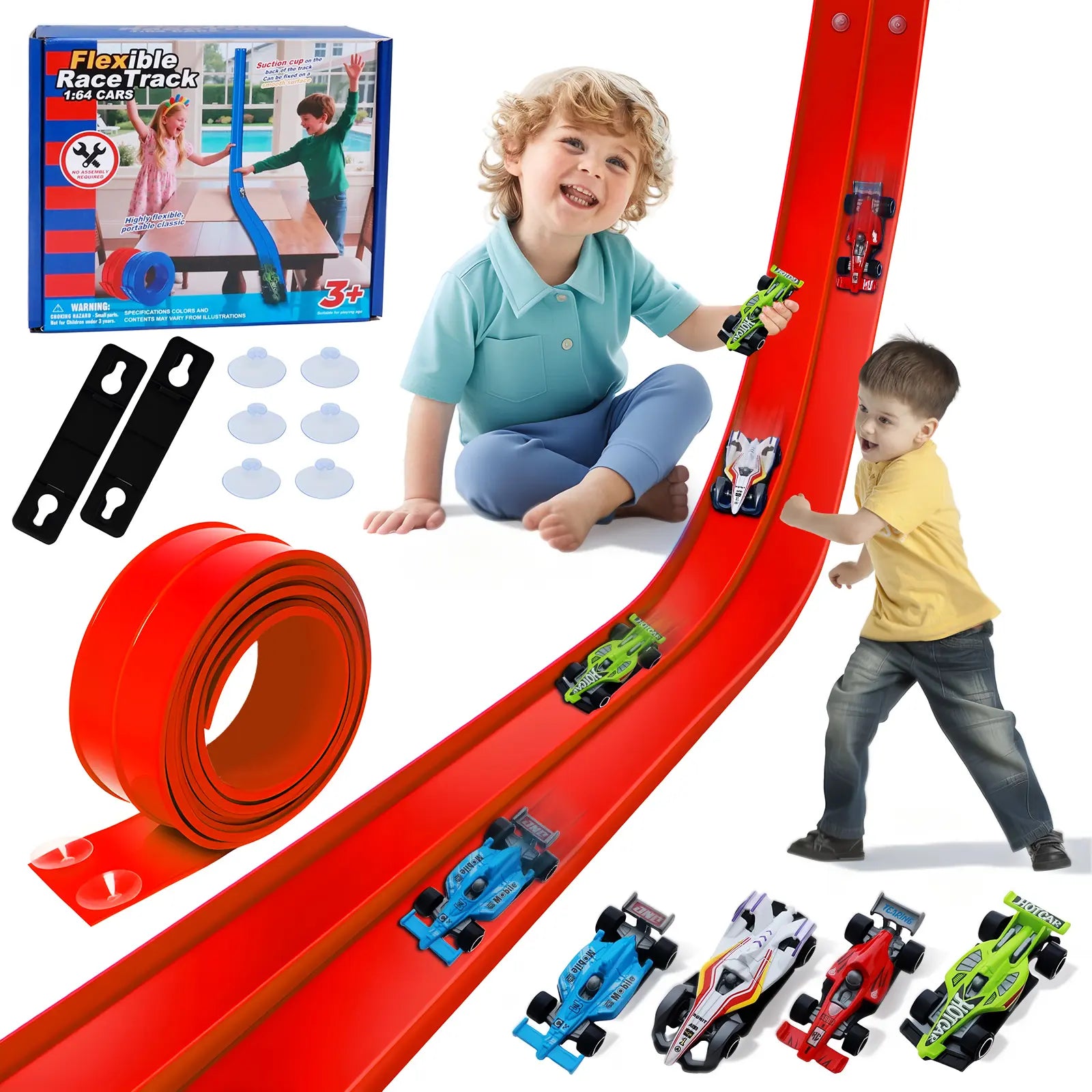 UDROLL TOYS Flexible Racing Track Set – 15Ft Roll-Up Track with 4 Mini Speed Cars & Suction Mounts | Portable Indoor Ramp Racing Toy for Kids