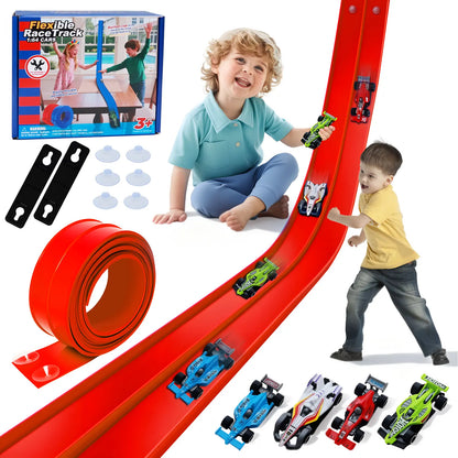 UDROLL TOYS Flexible Racing Track Set – 15Ft Roll-Up Track with 4 Mini Speed Cars & Suction Mounts | Portable Indoor Ramp Racing Toy for Kids