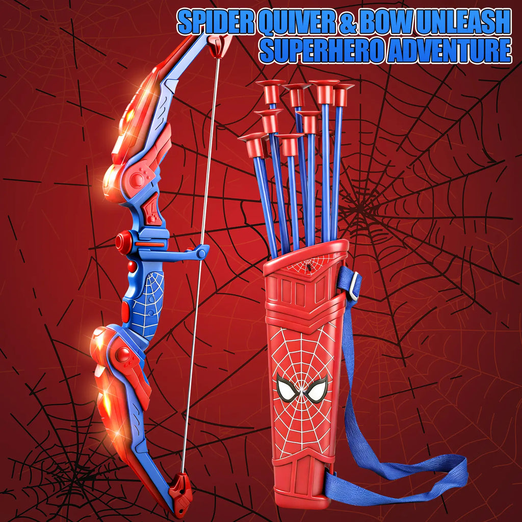 Spider Style Kids Bow and Arrow Set, LED Light up Archery Toy with Suction Cup Arrows, Target, Quiver and Foam Cans, Indoor Outdoor Gift Playtime Bold Design