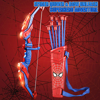 Spider Style Kids Bow and Arrow Set, LED Light up Archery Toy with Suction Cup Arrows, Target, Quiver and Foam Cans, Indoor Outdoor Gift Playtime Bold Design