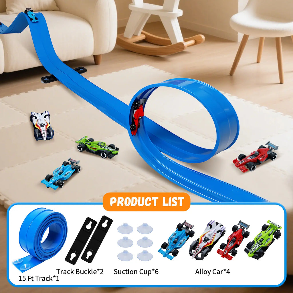 UDROLL TOYS Flexible Racing Track Set – 15Ft Roll-Up Track with 4 Mini Speed Cars & Suction Mounts | Portable Indoor Ramp Racing Toy for Kids