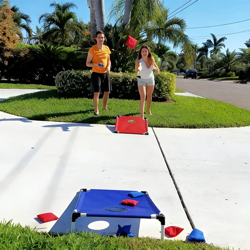 Portable Single-Board Sandbag Tossing Lawn Game Set - Foldable, Durable PP (Polypropylene) Beanbags & Footbags for Outdoor Parties, Camping (14 Years Old+), Includes 6 Red/Blue Sandbags