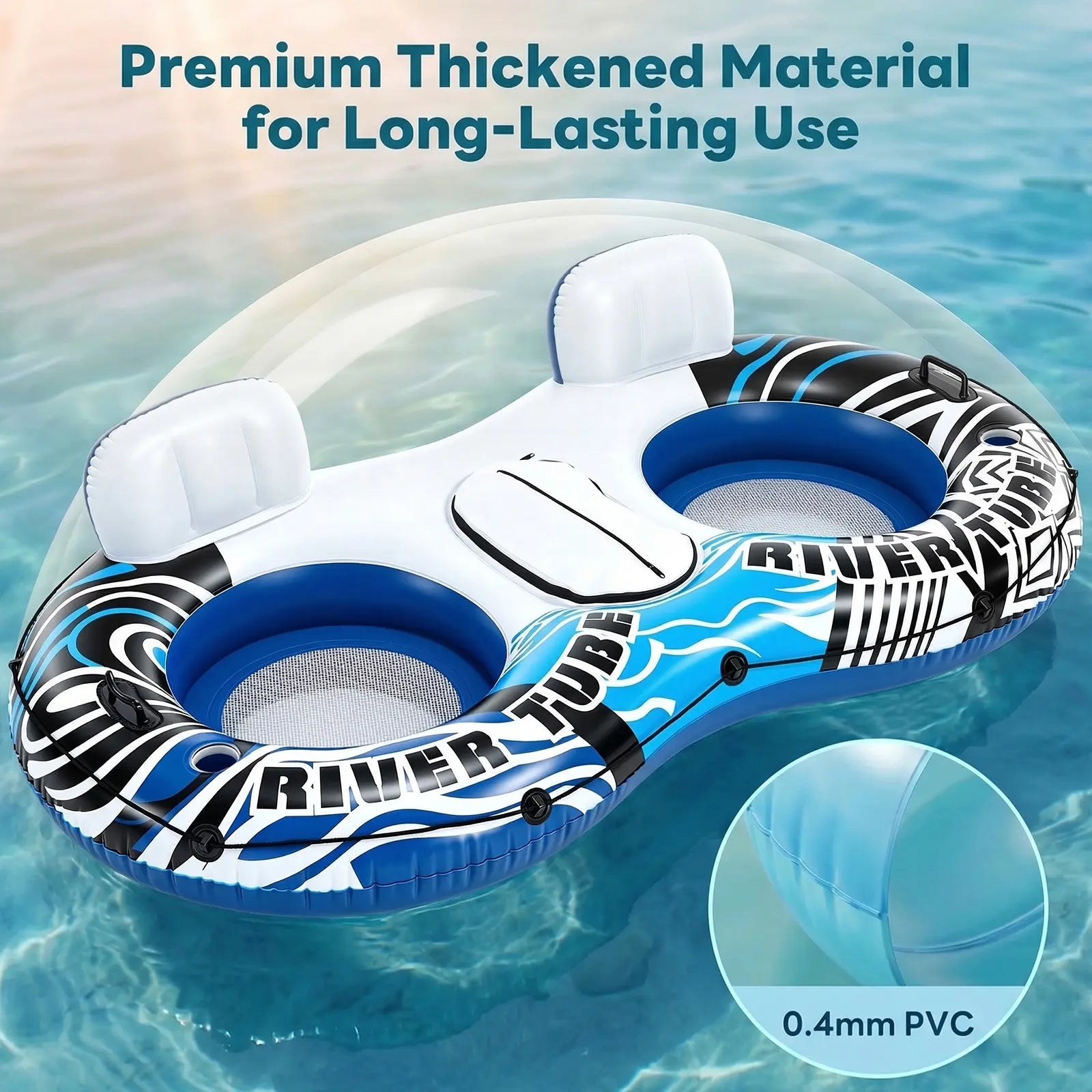 Heavy Duty 2 Person Inflatable River/Pool Tube Float with Removable Cooler, Tubes for Lake, Floating River Raft Lounge Floatie with 2 Cup Holders for Adults