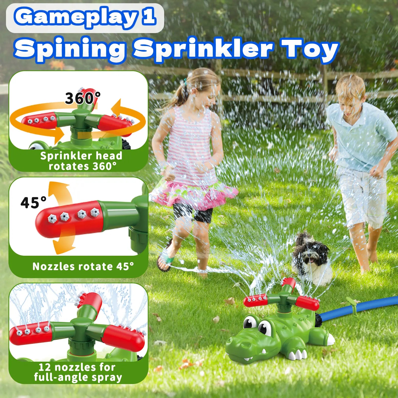 4-In-1 Crocodile Kids Outdoor Play Set - Outdoor Water Soaker, Water Sprinkler, T-Ball, Backyard Summer Activity Toy for Toddlers Ages 3-8