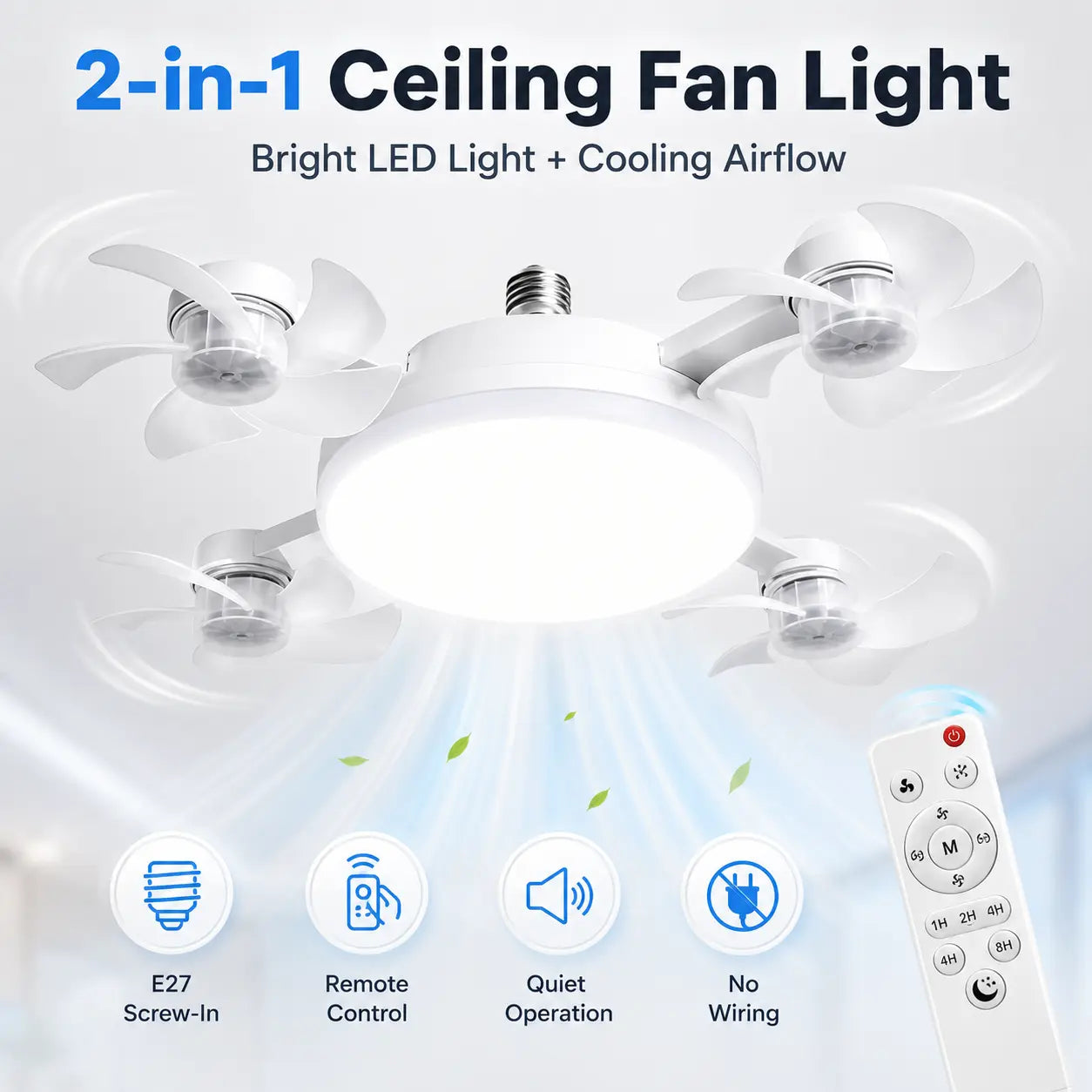E27 Socket Ceiling Fan Light, 2-In-1 LED Fan with Remote Control, Quiet Cooling Light for Bedroom, Kitchen, Living Room & Home