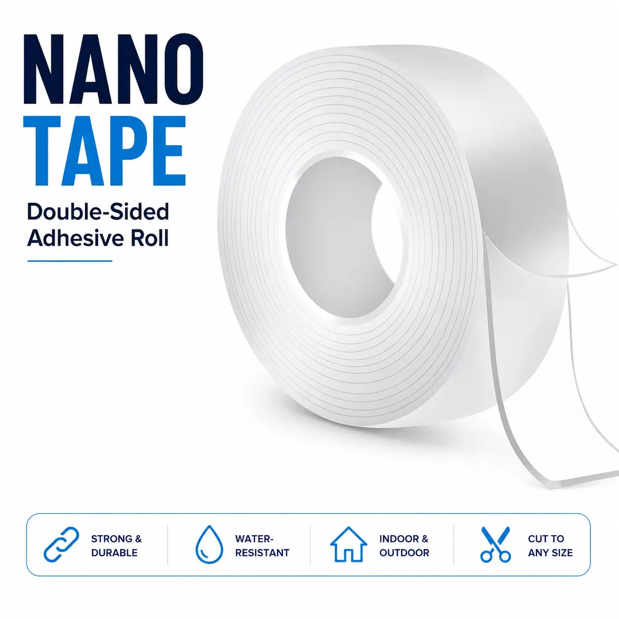 Nano Tape Double Sided Adhesive Roll, Heavy Duty Strong Hold Residue Free Clear Mounting Tape, Waterproof Reusable Multi Surface Tape for Glass Tile Metal Wood Wall, Indoor Outdoor Use Cut to Any Size for Home Office DIY Photo Wall