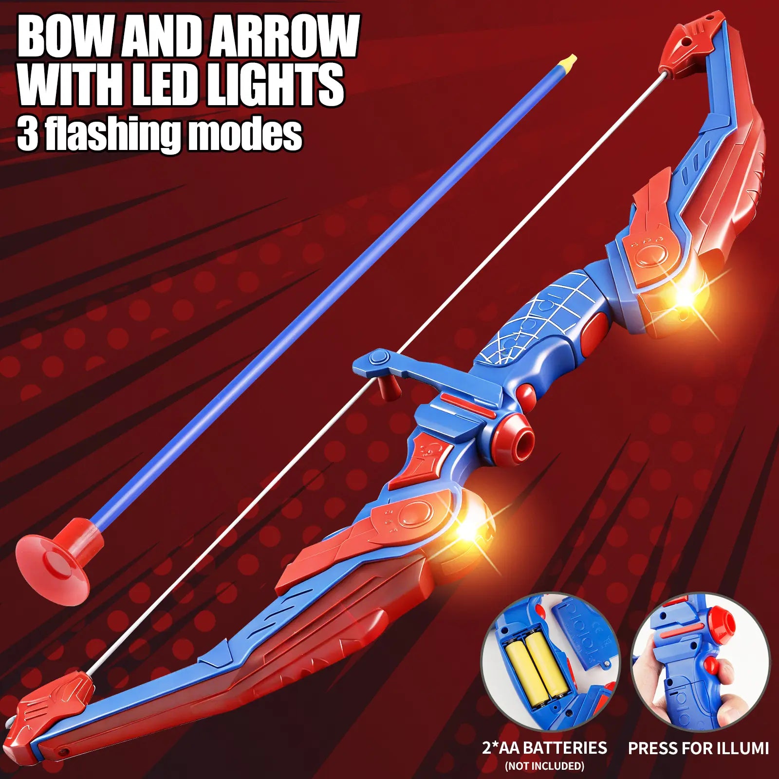 Spider Style Kids Bow and Arrow Set, LED Light up Archery Toy with Suction Cup Arrows, Target, Quiver and Foam Cans, Indoor Outdoor Gift Playtime Bold Design