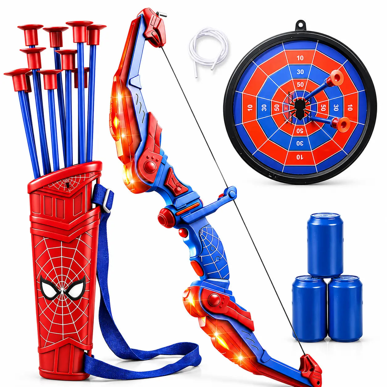 Spider Style Kids Bow and Arrow Set, LED Light up Archery Toy with Suction Cup Arrows, Target, Quiver and Foam Cans, Indoor Outdoor Gift Playtime Bold Design