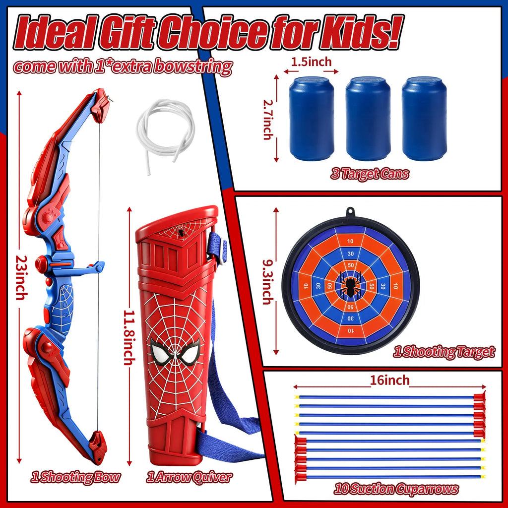 Spider Style Kids Bow and Arrow Set, LED Light up Archery Toy with Suction Cup Arrows, Target, Quiver and Foam Cans, Indoor Outdoor Gift Playtime Bold Design